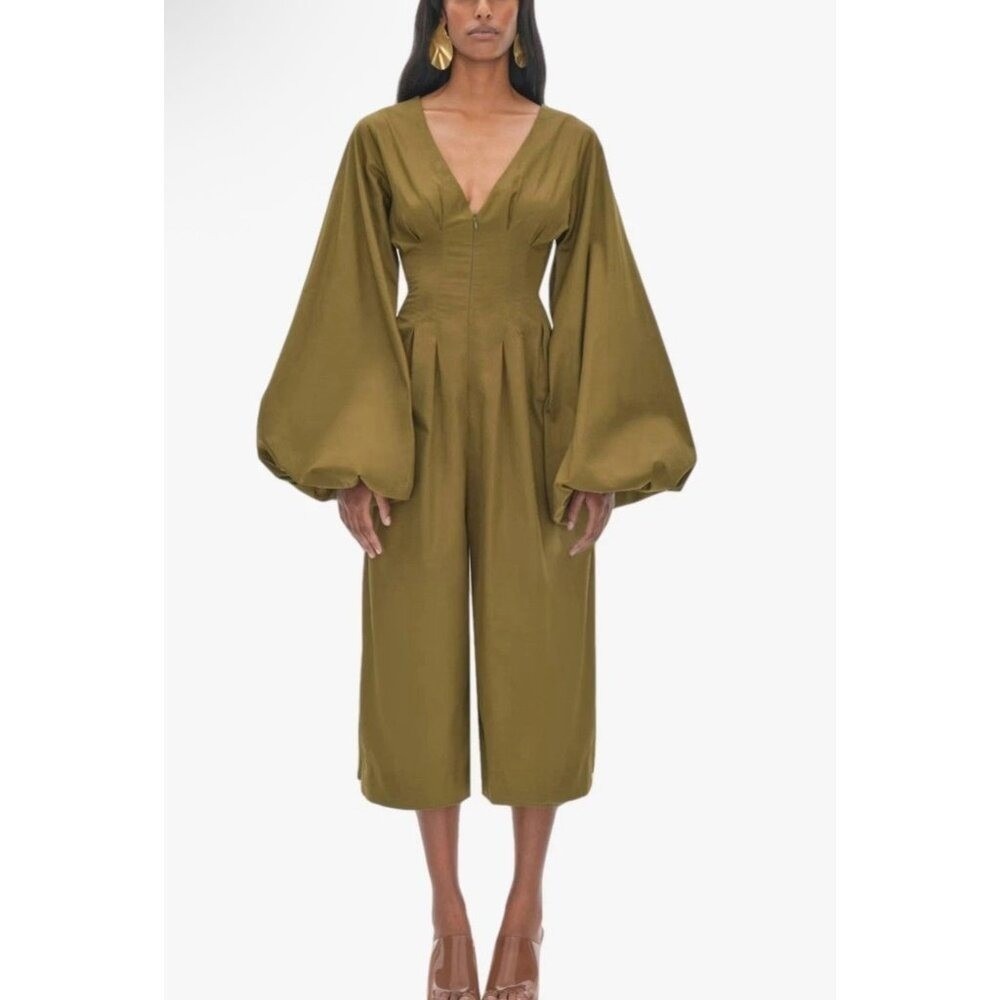 Andrea Iyamah Nia Culotte Jumpsuit Green Size S Cropped Pant Bubble‎ Sleeve